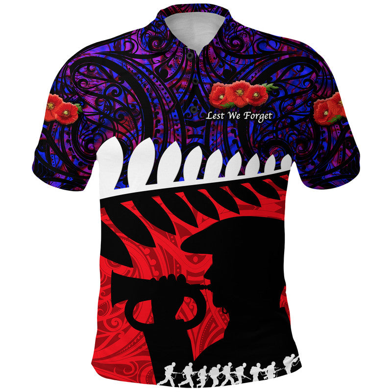 custom-personalised-new-zealand-maori-anzac-polo-shirt-remembrance-soldier-purple