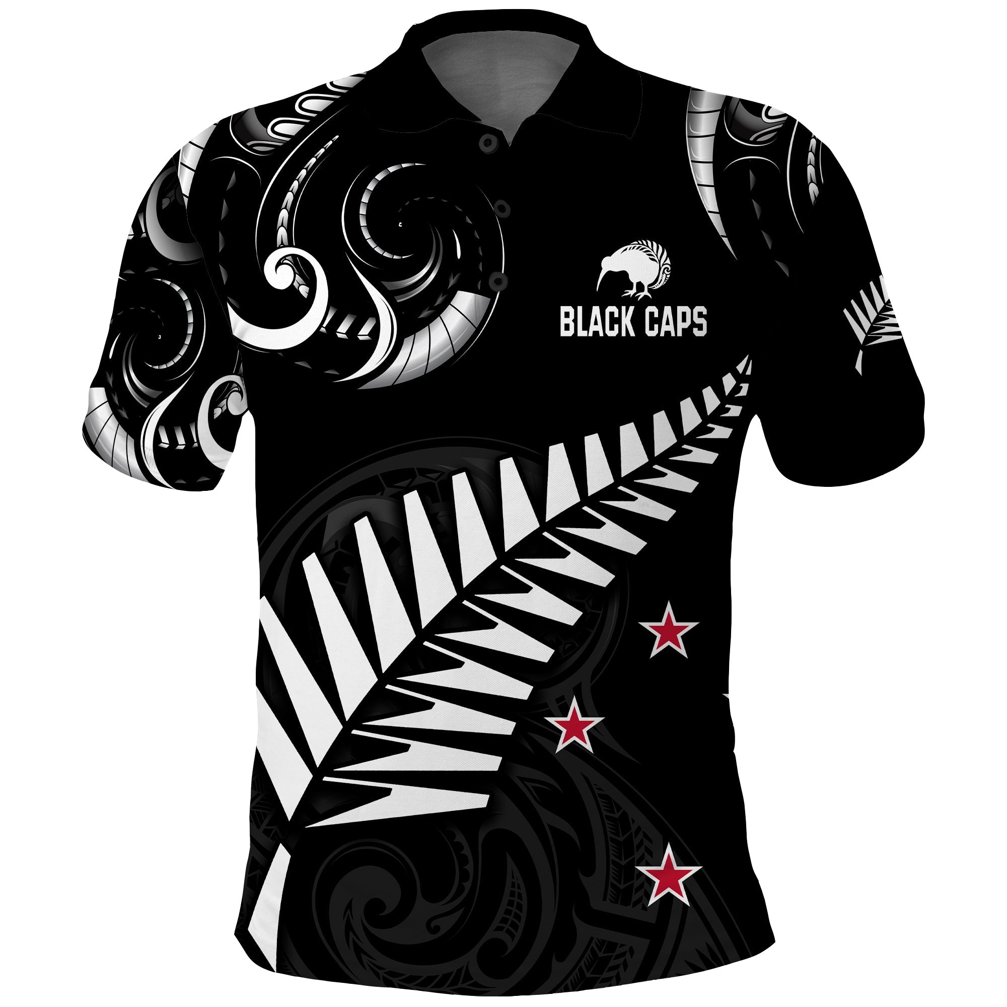 custom-text-and-number-new-zealand-cricket-polo-shirt-go-black-cap-champions-mix-maori-kiwis