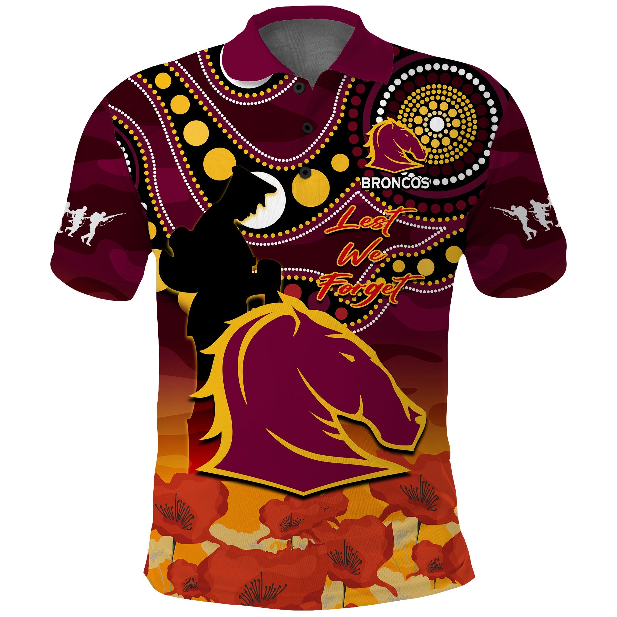 brisbane-broncos-rugby-anzac-2023-polo-shirt-aboriginal-mix-poppy-lest-we-forget