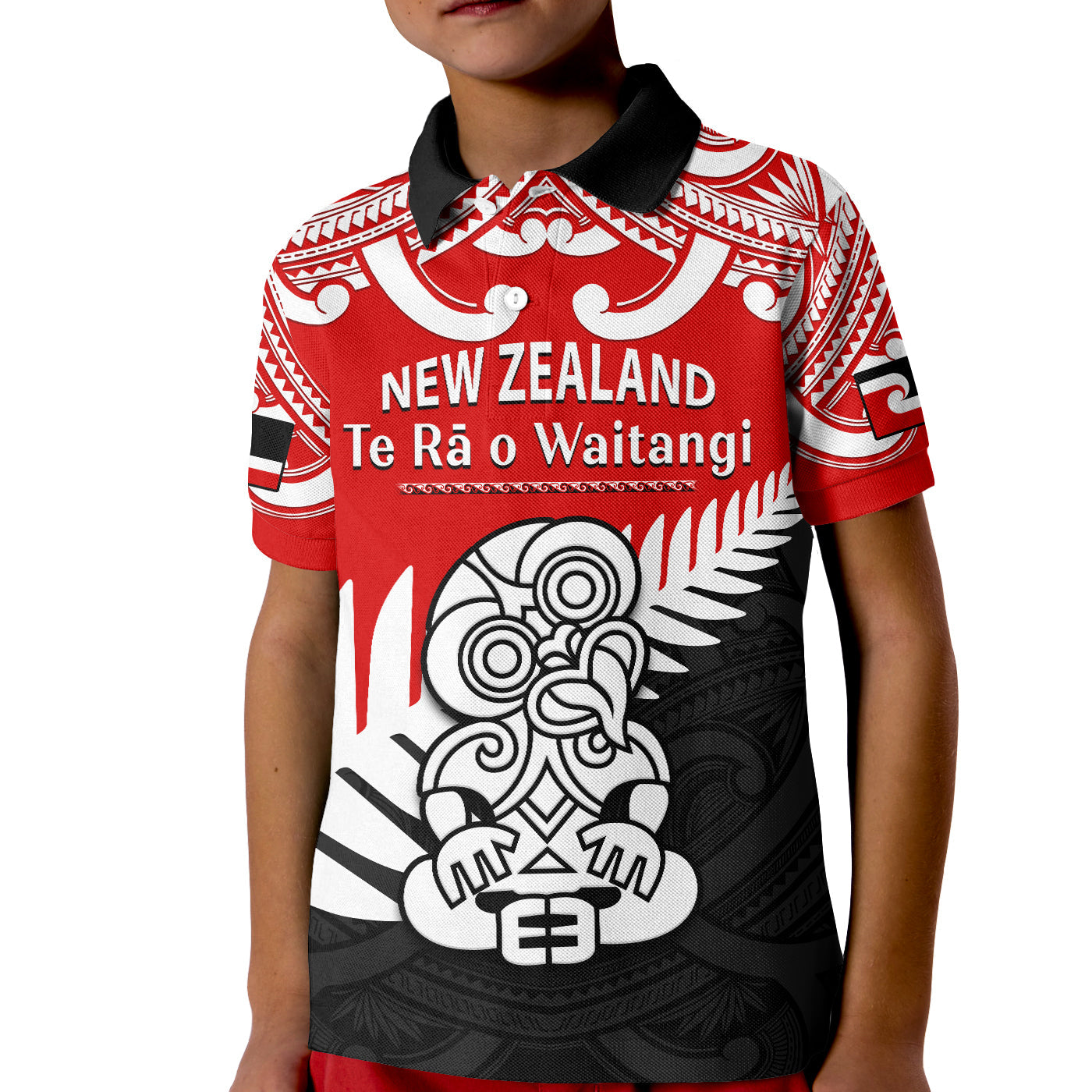 custom-personalised-waitangi-day-polo-shirt-kid-tino-rangatiratanga-flag-with-tiki-maori-fern