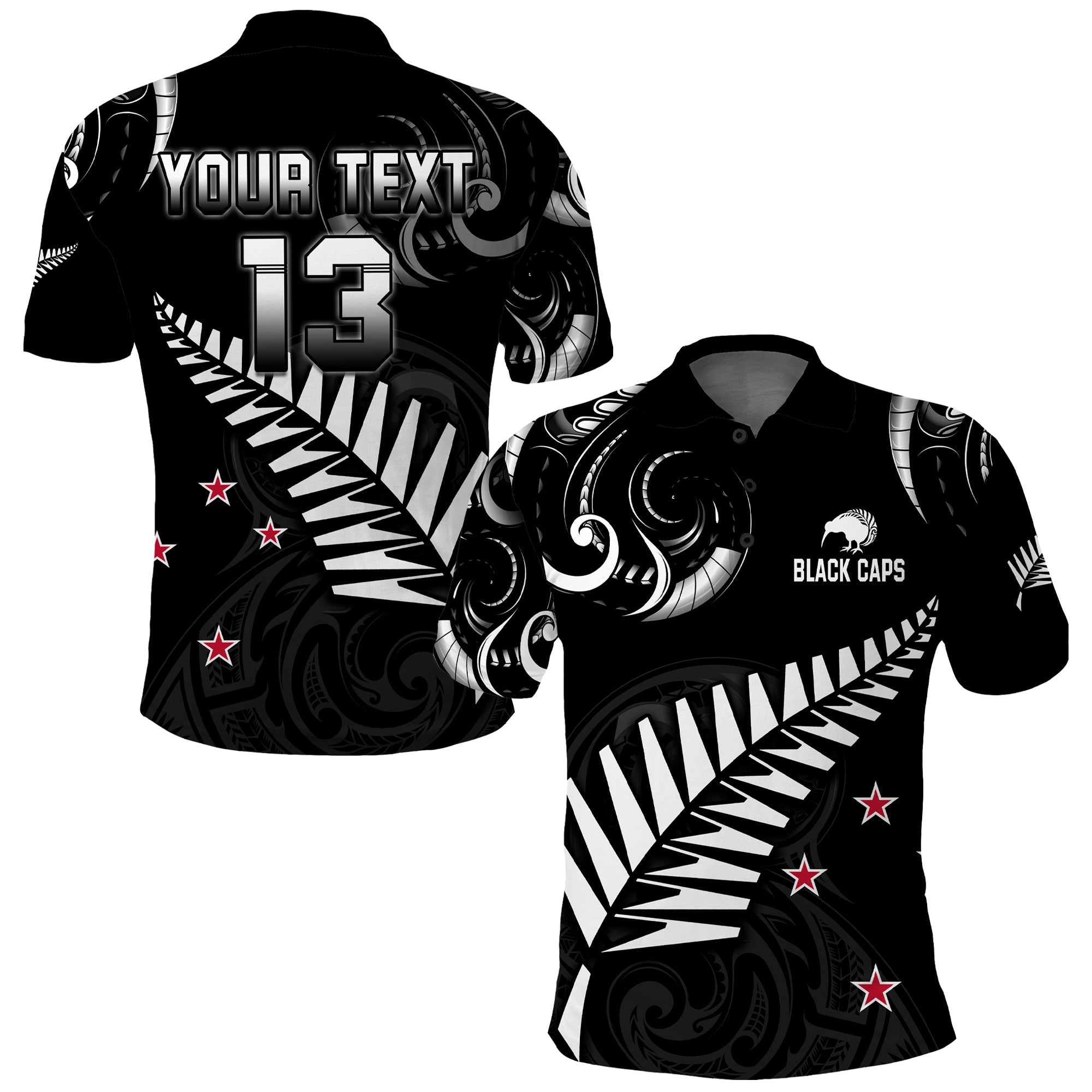 custom-text-and-number-new-zealand-cricket-polo-shirt-go-black-cap-champions-mix-maori-kiwis