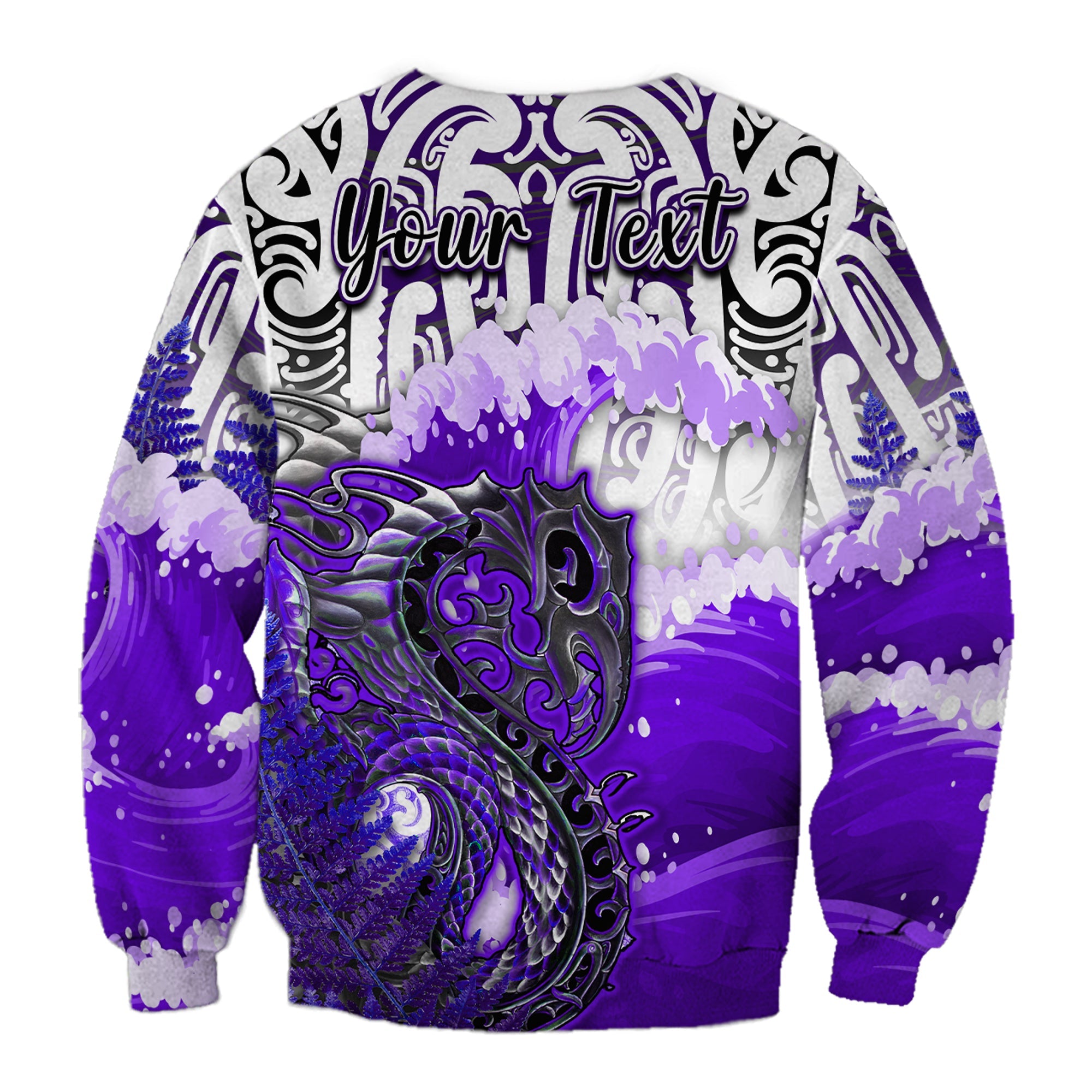 custom-personalised-manaia-maori-sweatshirt-fern-aotearoa-purple-waves