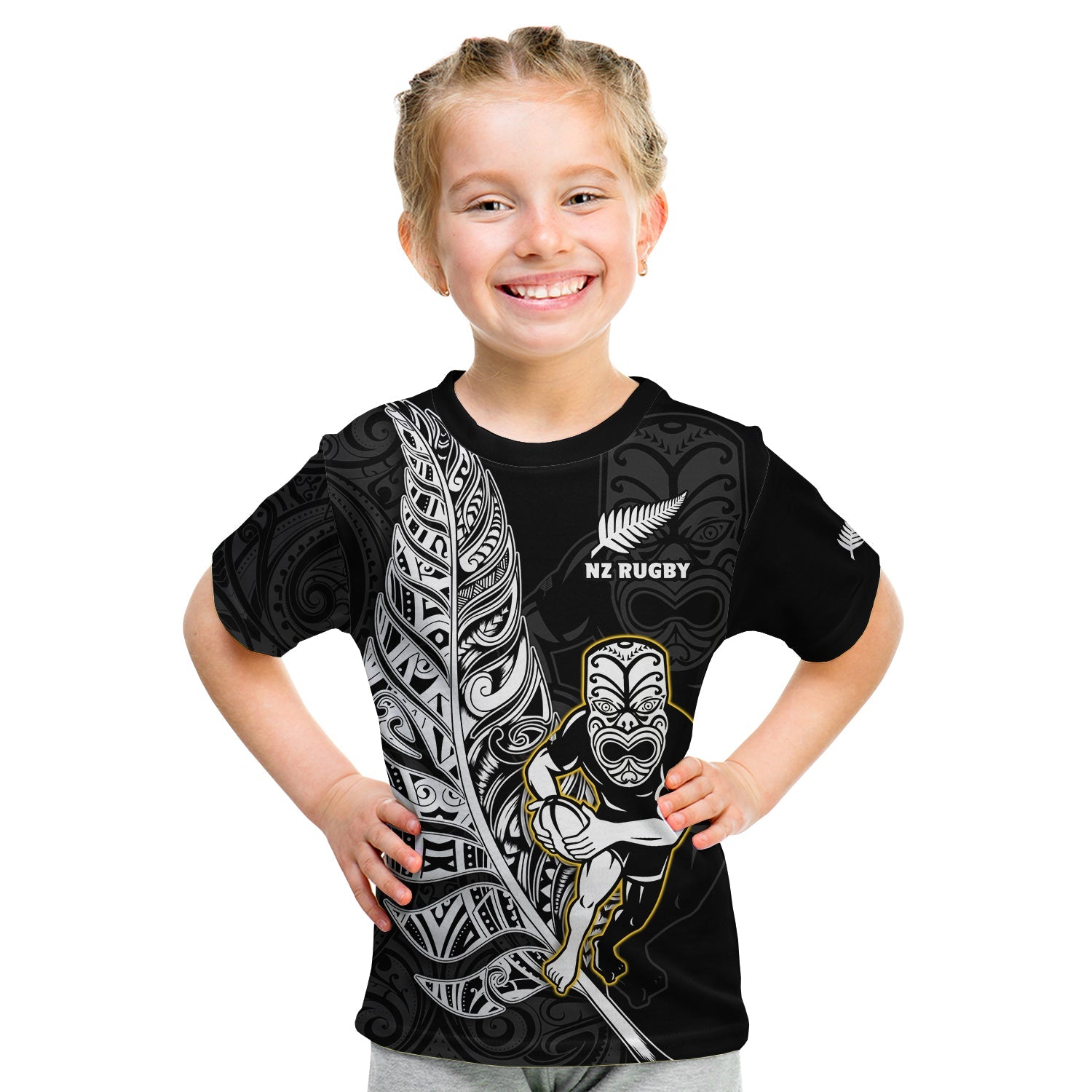 custom-text-and-number-new-zealand-silver-fern-rugby-t-shirt-kid-all-black-maori-version-black