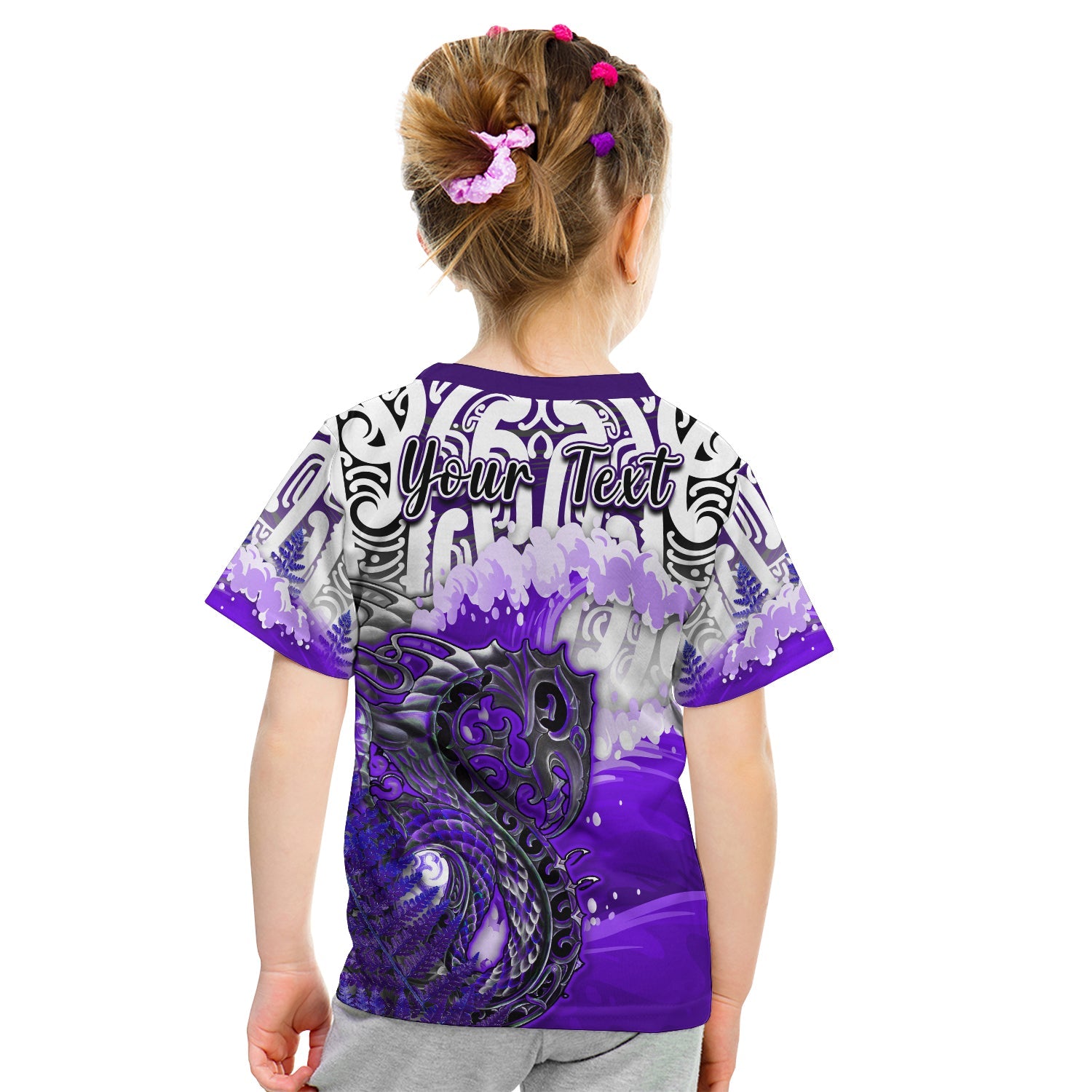 custom-personalised-manaia-maori-t-shirt-fern-aotearoa-purple-waves