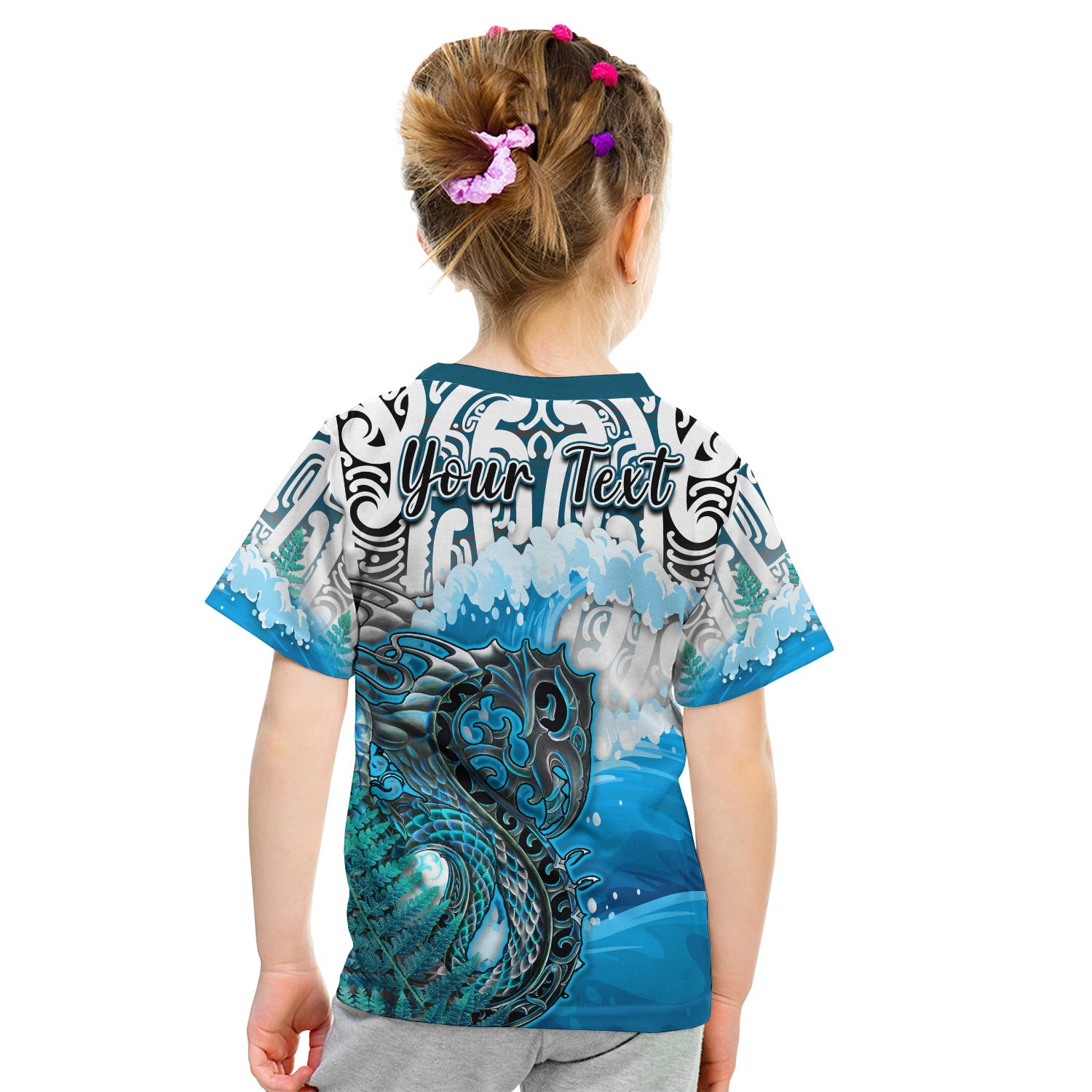 custom-personalised-manaia-maori-t-shirt-kid-fern-aotearoa-blue-waves