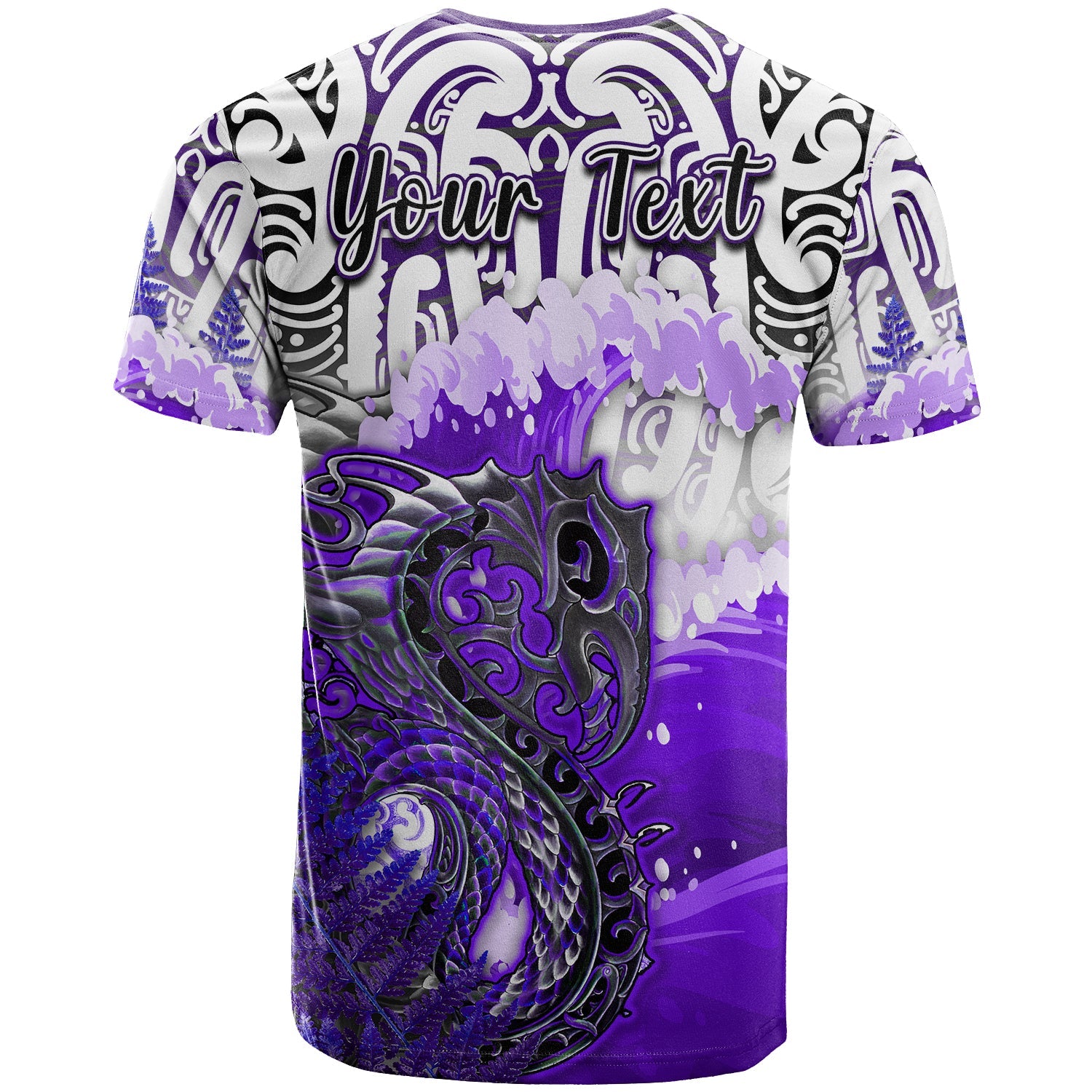custom-personalised-manaia-maori-t-shirt-fern-aotearoa-purple-waves
