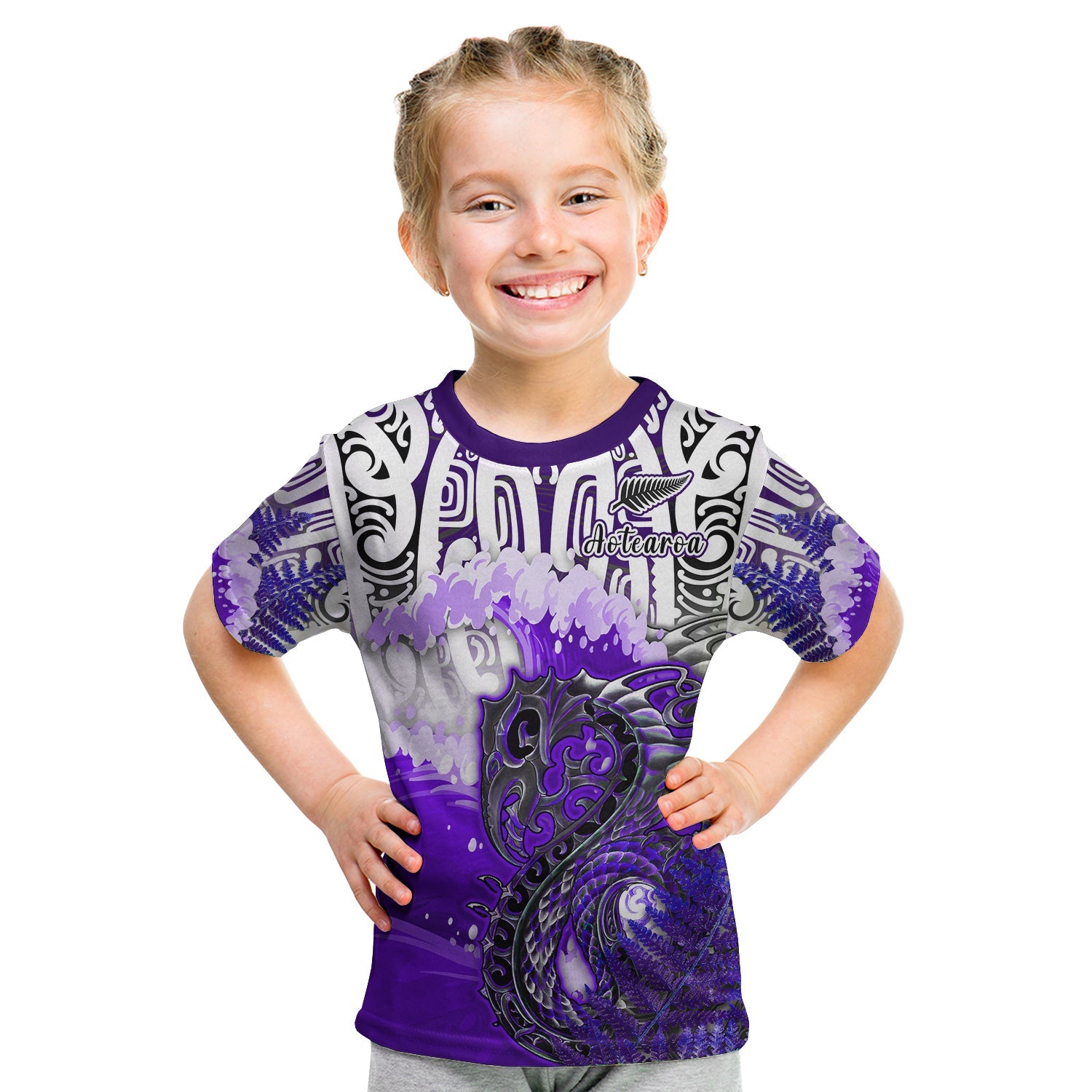 custom-personalised-manaia-maori-t-shirt-kid-fern-aotearoa-purple-waves