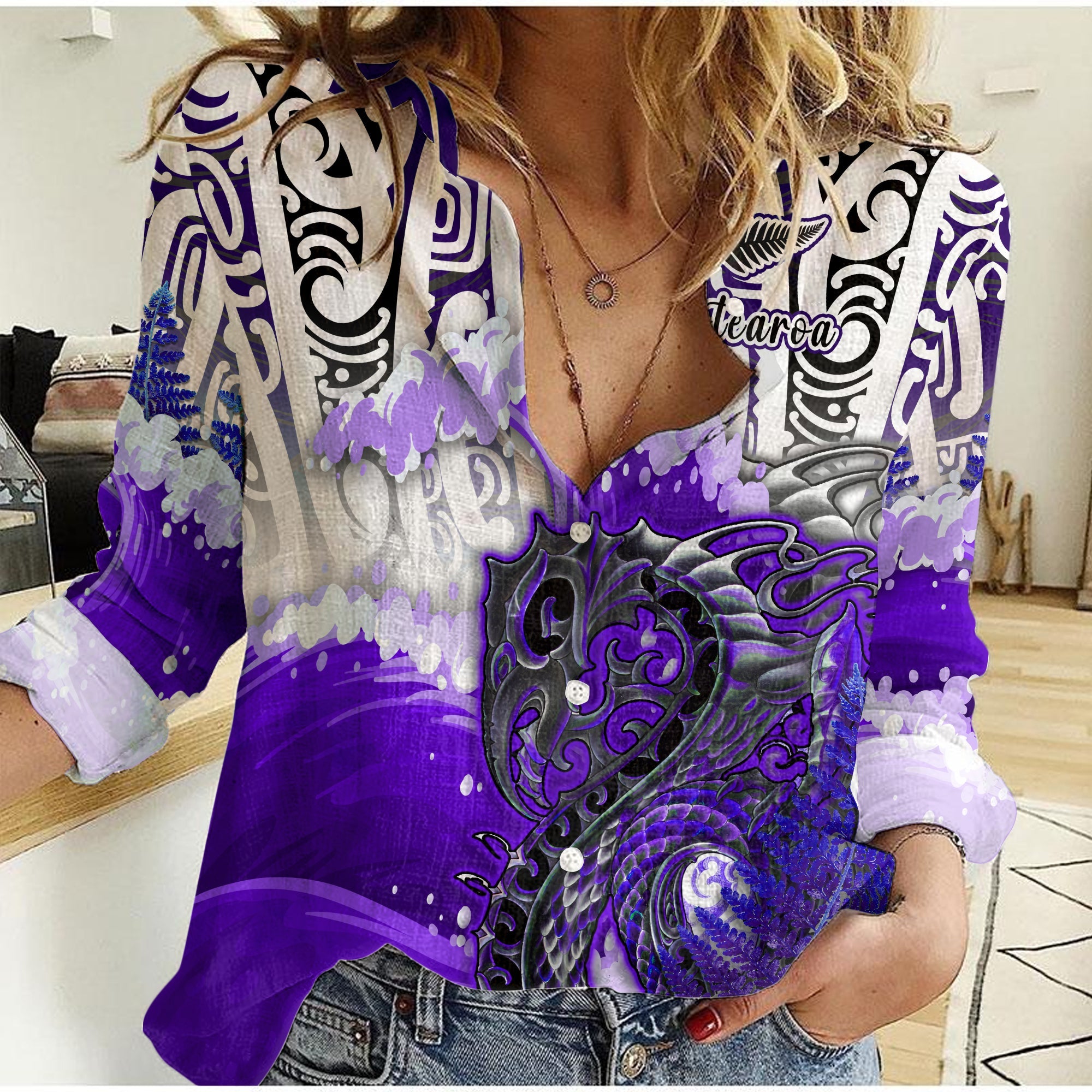 custom-personalised-manaia-maori-women-casual-shirt-fern-aotearoa-purple-waves