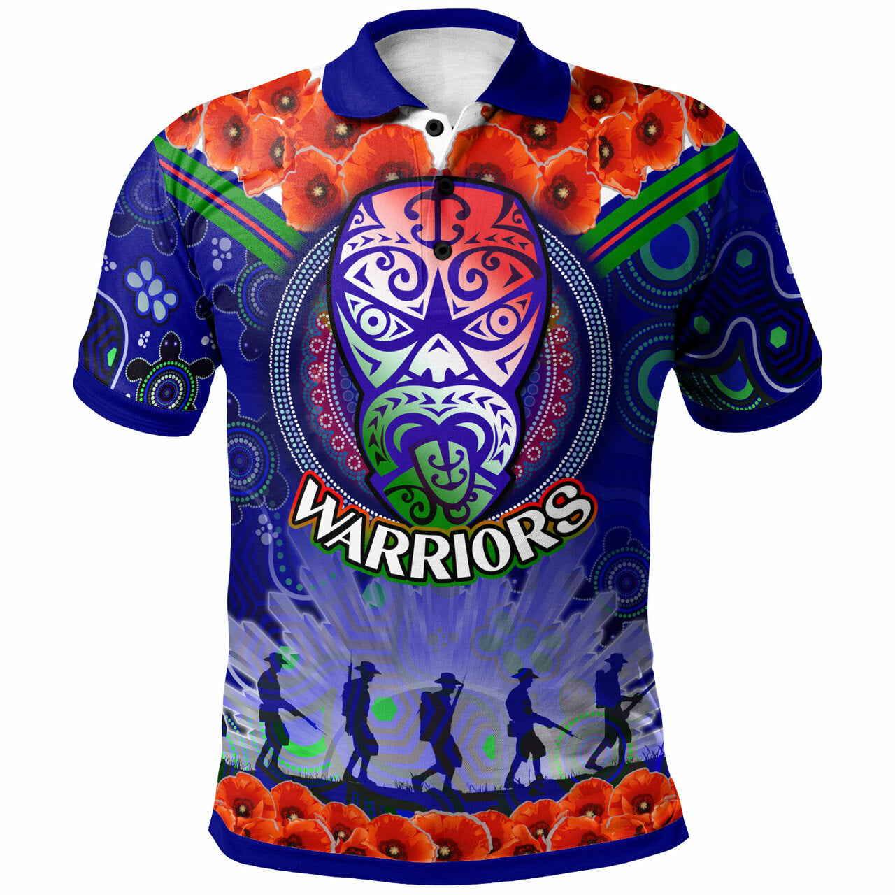 warriors-rugby-polo-shirt-custom-anzac-warriors-aboriginal-dot-art-vector-painting-with-turtle-polo-shirt
