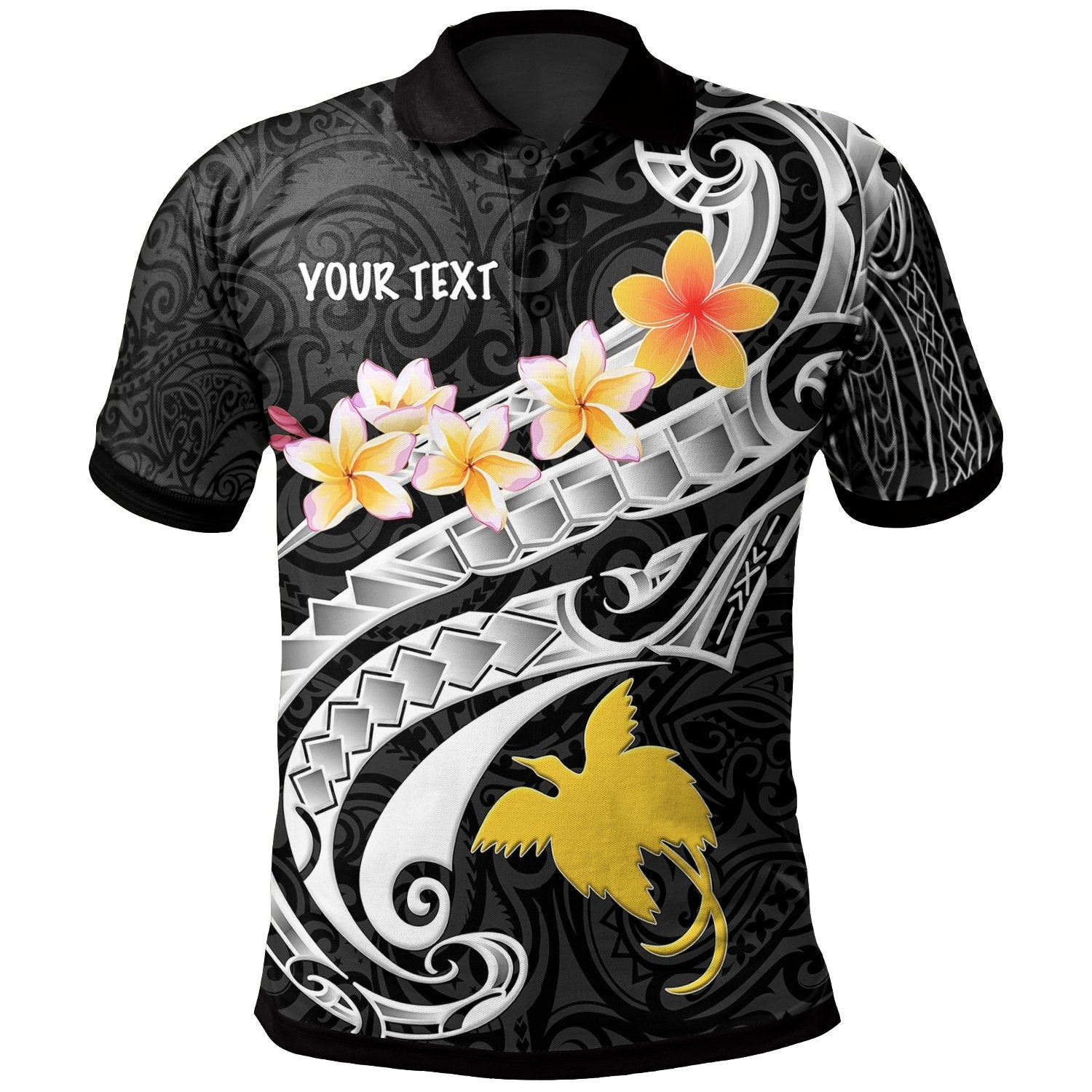 papua-new-guinea-custom-personalised-polo-shirt-png-seal-polynesian-patterns-plumeria-black