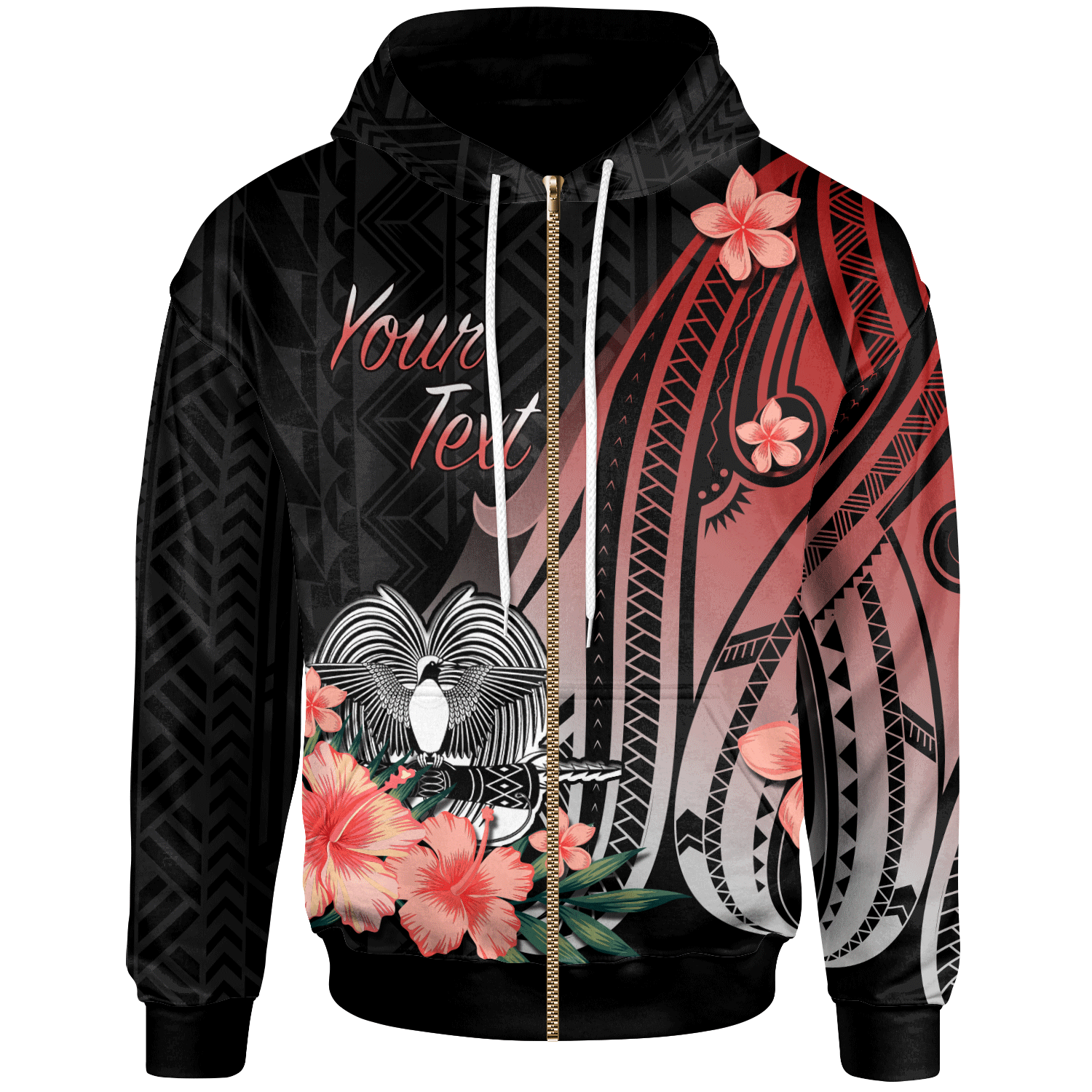 papua-new-guinea-personalised-custom-zip-hoodie-red-polynesian-hibiscus-pattern-style