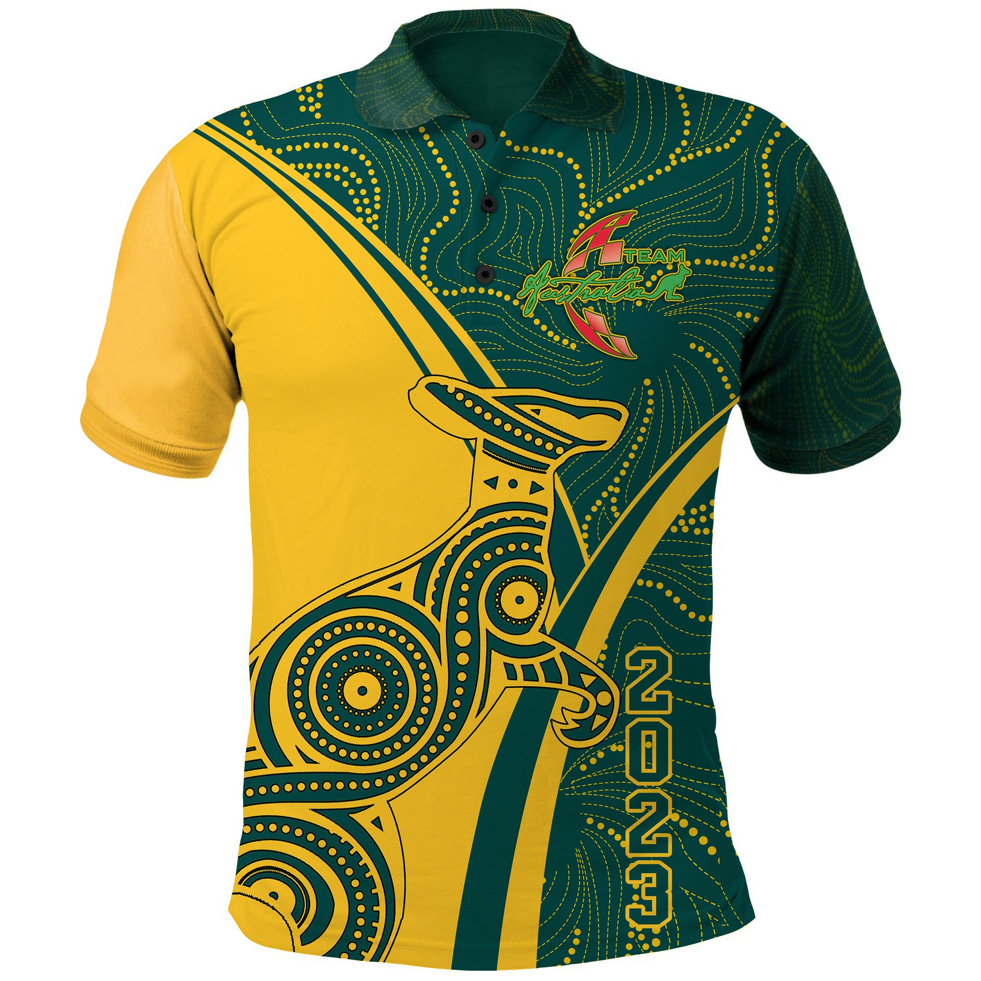 Team Australia Kangaroo Polo Shirt Aboriginal Patterns 2023