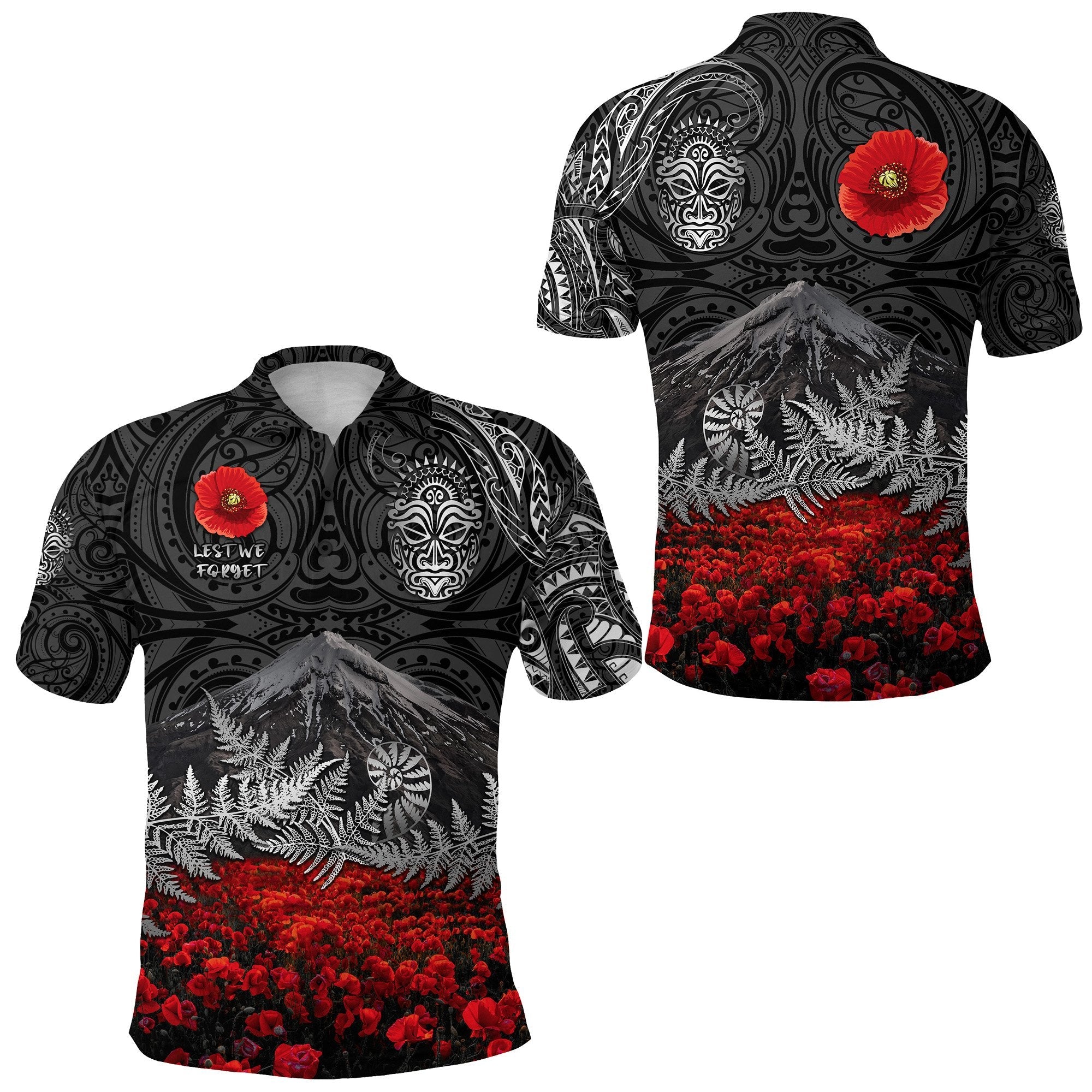 warriors-rugby-polo-shirt-new-zealand-mount-taranaki-with-poppy-flowers-anzac-vibes-black