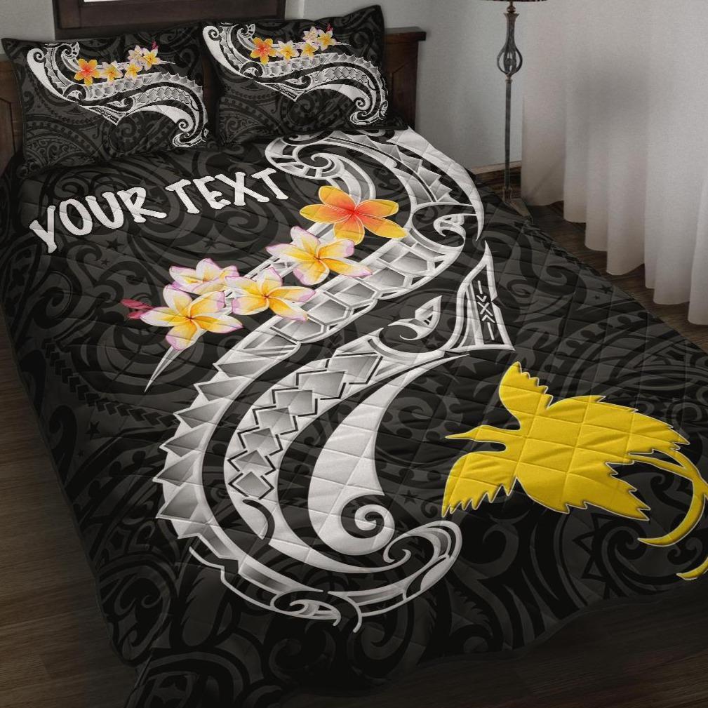 papua-new-guinea-custom-personalised-quilt-bed-set-png-seal-polynesian-patterns-plumeria-black