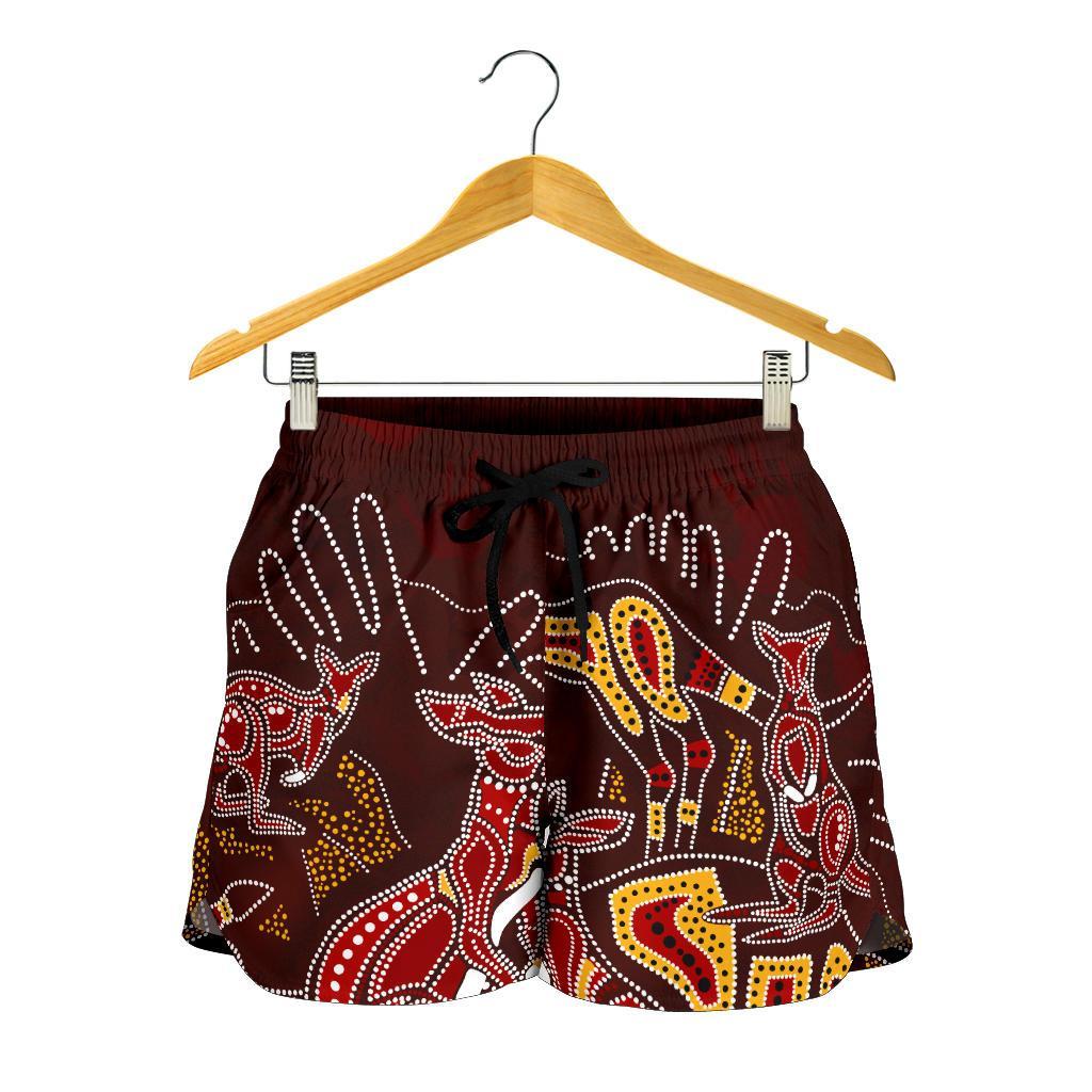 aboriginal-womens-shorts-kangaroo-family-with-hand-art