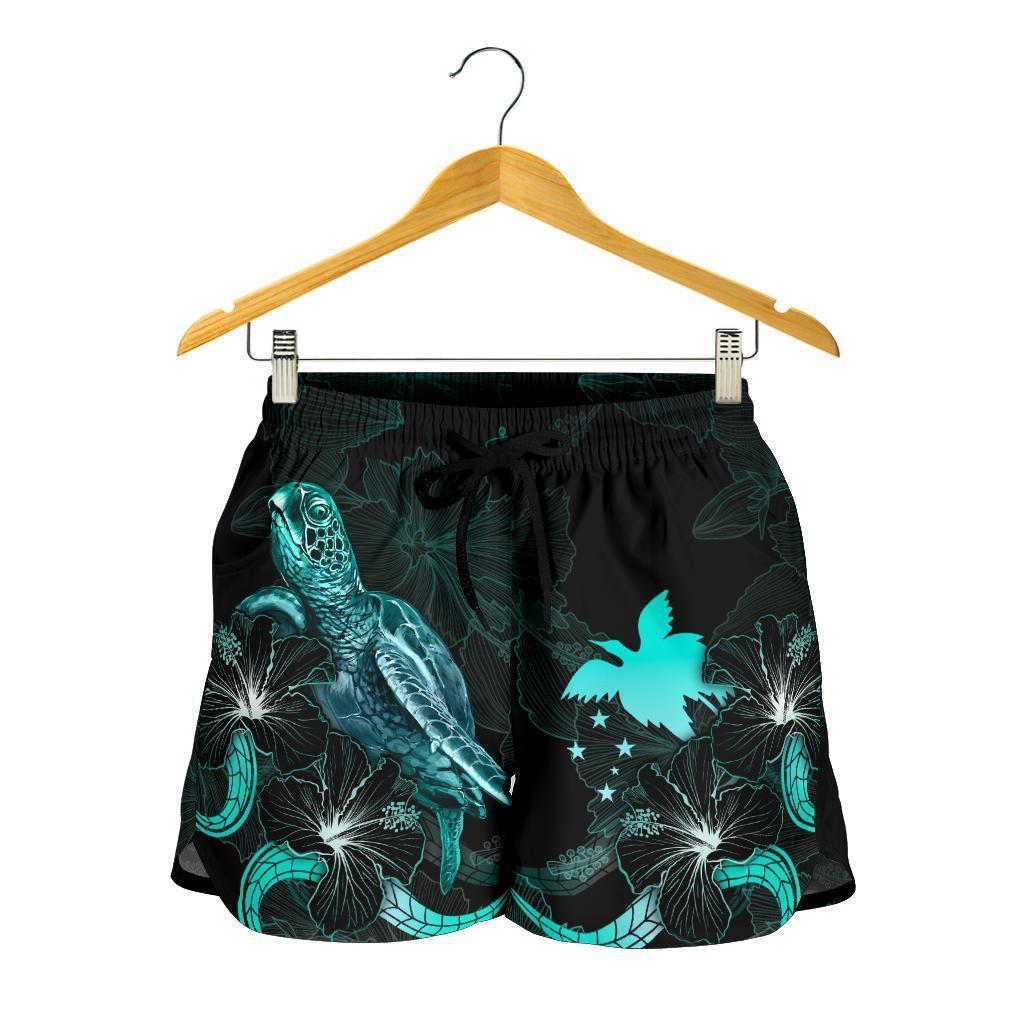 papua-new-guinea-polynesian-womens-shorts-turtle-with-blooming-hibiscus-turquoise