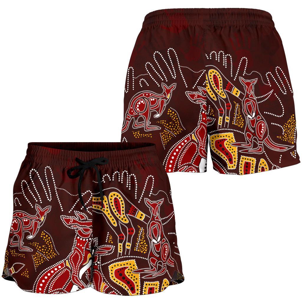 aboriginal-womens-shorts-kangaroo-family-with-hand-art