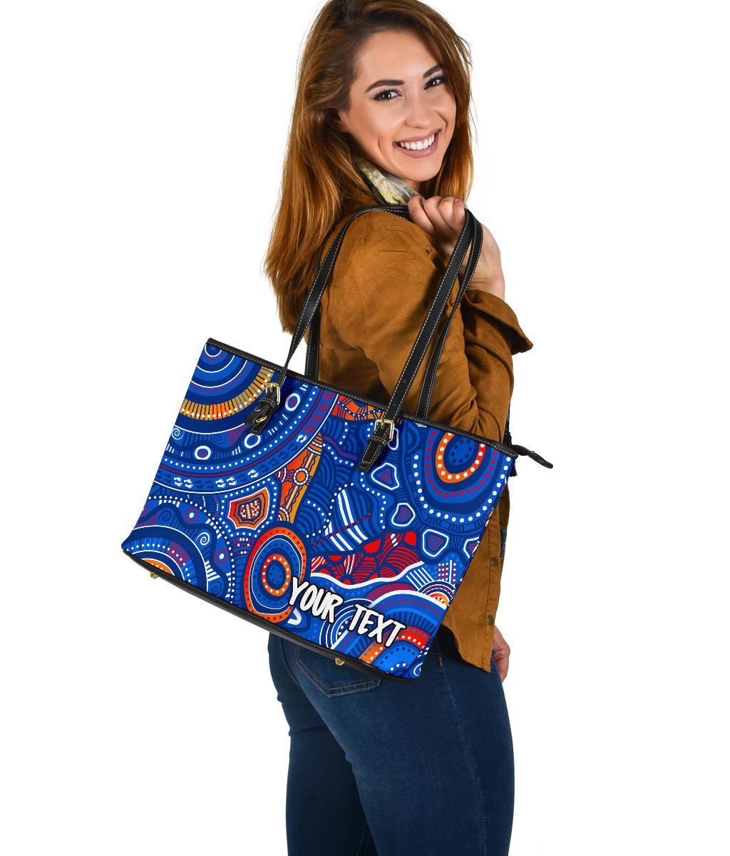 custom-text-aboriginal-large-leather-tote-bag-indigenous-footprint-patterns-blue-color