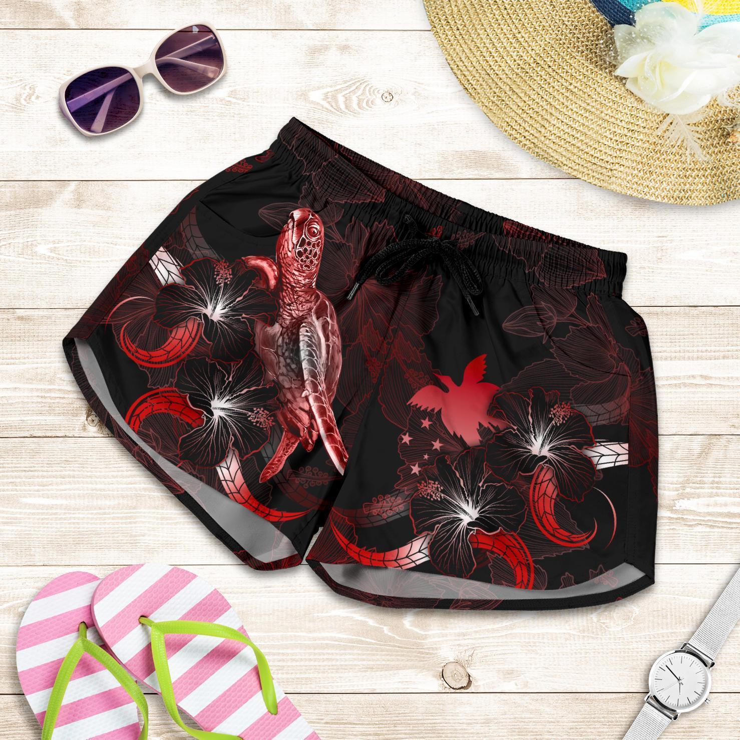 papua-new-guinea-polynesian-womens-shorts-turtle-with-blooming-hibiscus-red