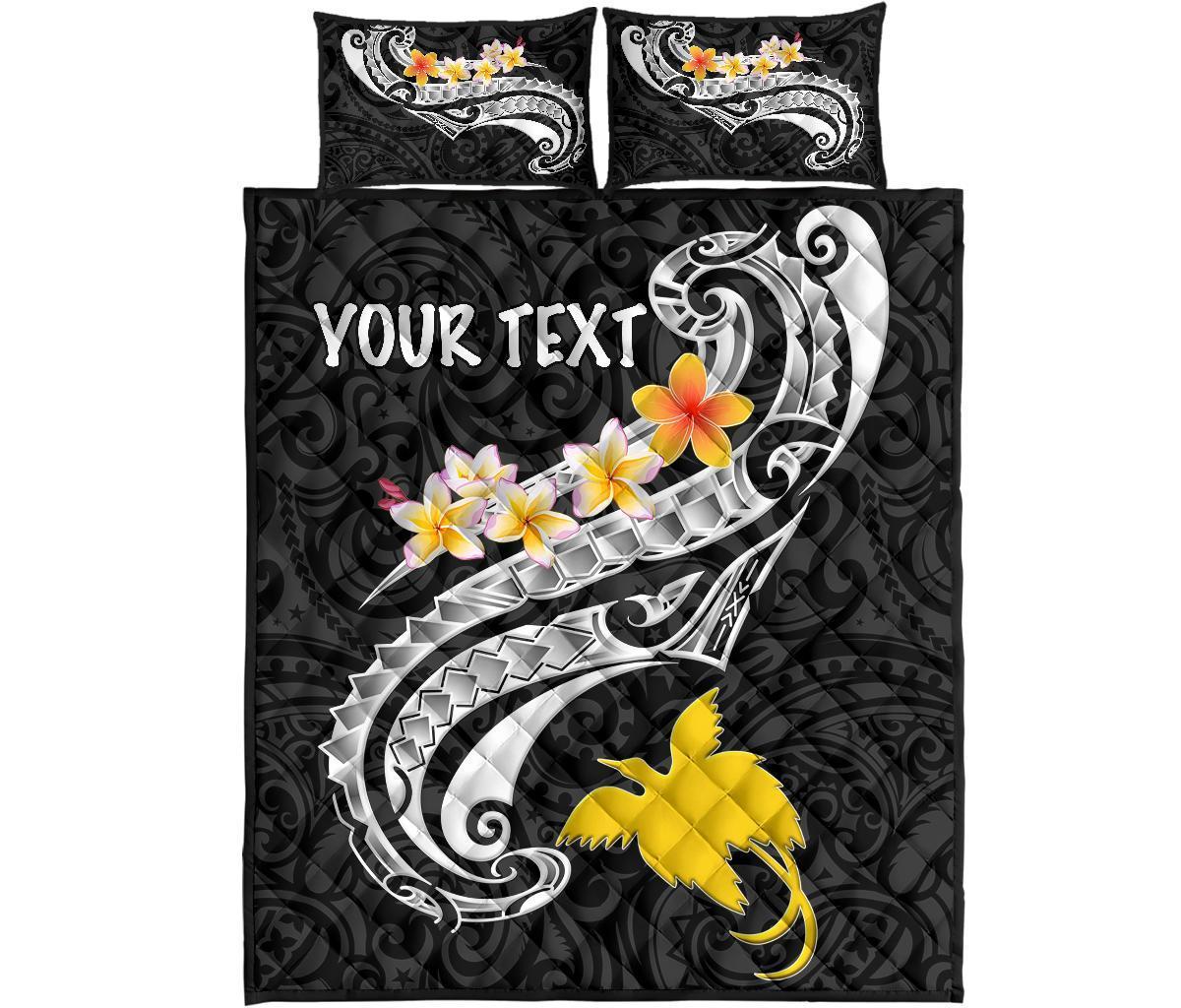 papua-new-guinea-custom-personalised-quilt-bed-set-png-seal-polynesian-patterns-plumeria-black