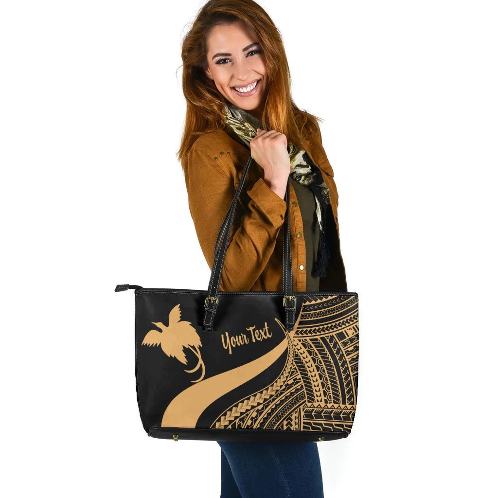 papua-new-guinea-custom-personalised-large-leather-tote-bag-gold-polynesian-tentacle-tribal-pattern