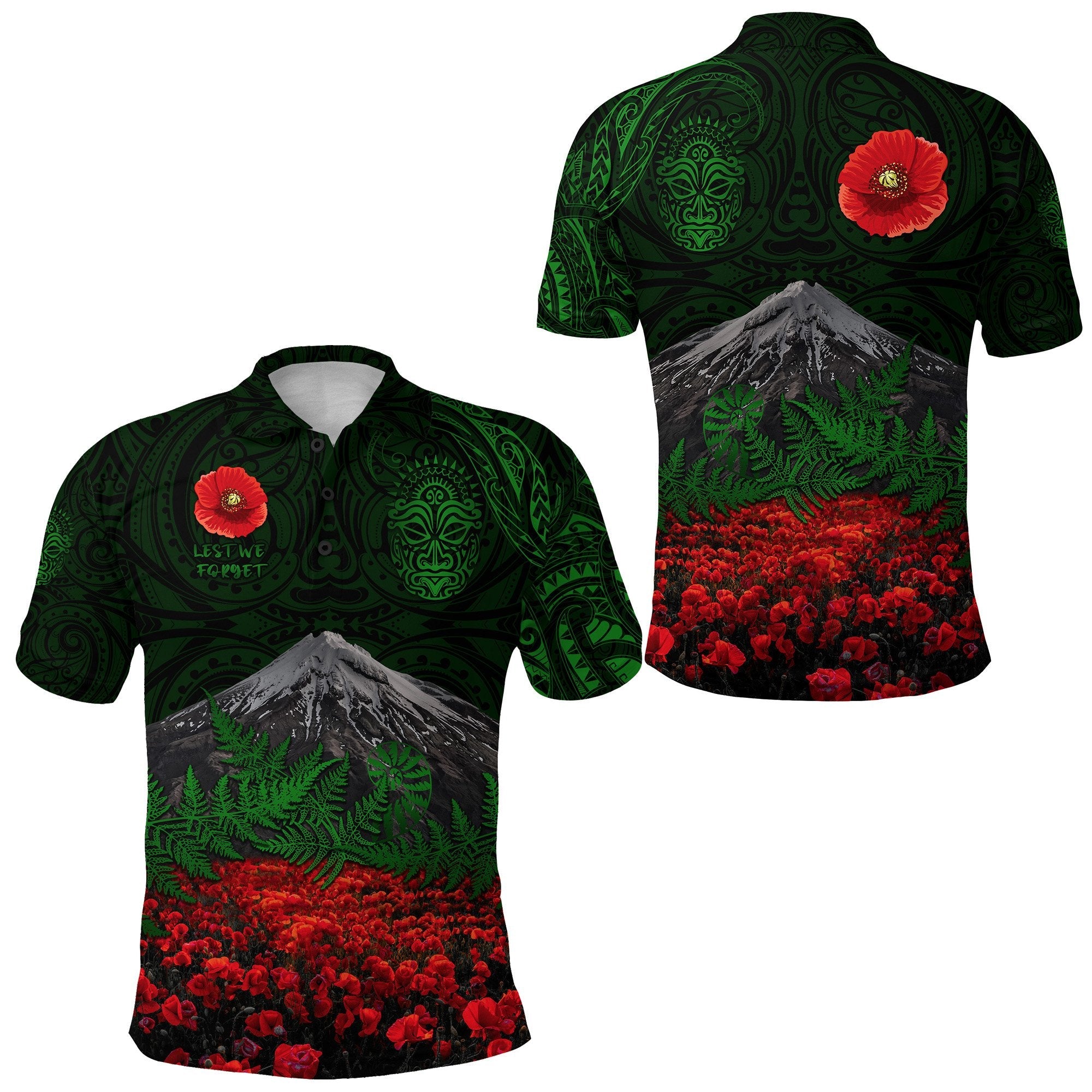 warriors-rugby-polo-shirt-new-zealand-mount-taranaki-with-poppy-flowers-anzac-vibes-green