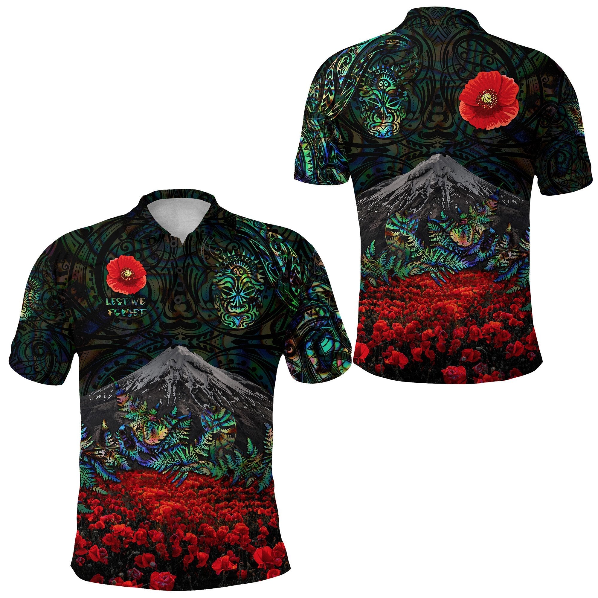 warriors-rugby-polo-shirt-new-zealand-mount-taranaki-with-poppy-flowers-anzac-vibes-paua-shell