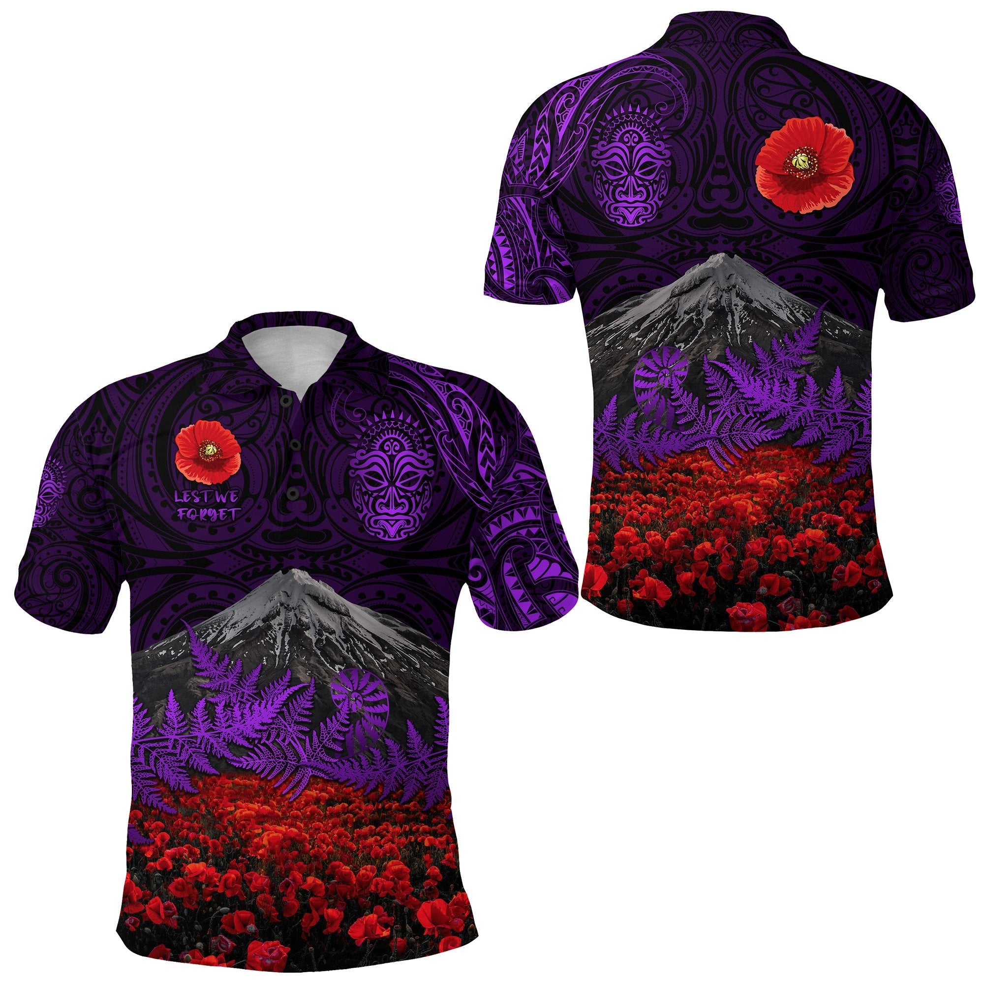 warriors-rugby-polo-shirt-new-zealand-mount-taranaki-with-poppy-flowers-anzac-vibes-purple