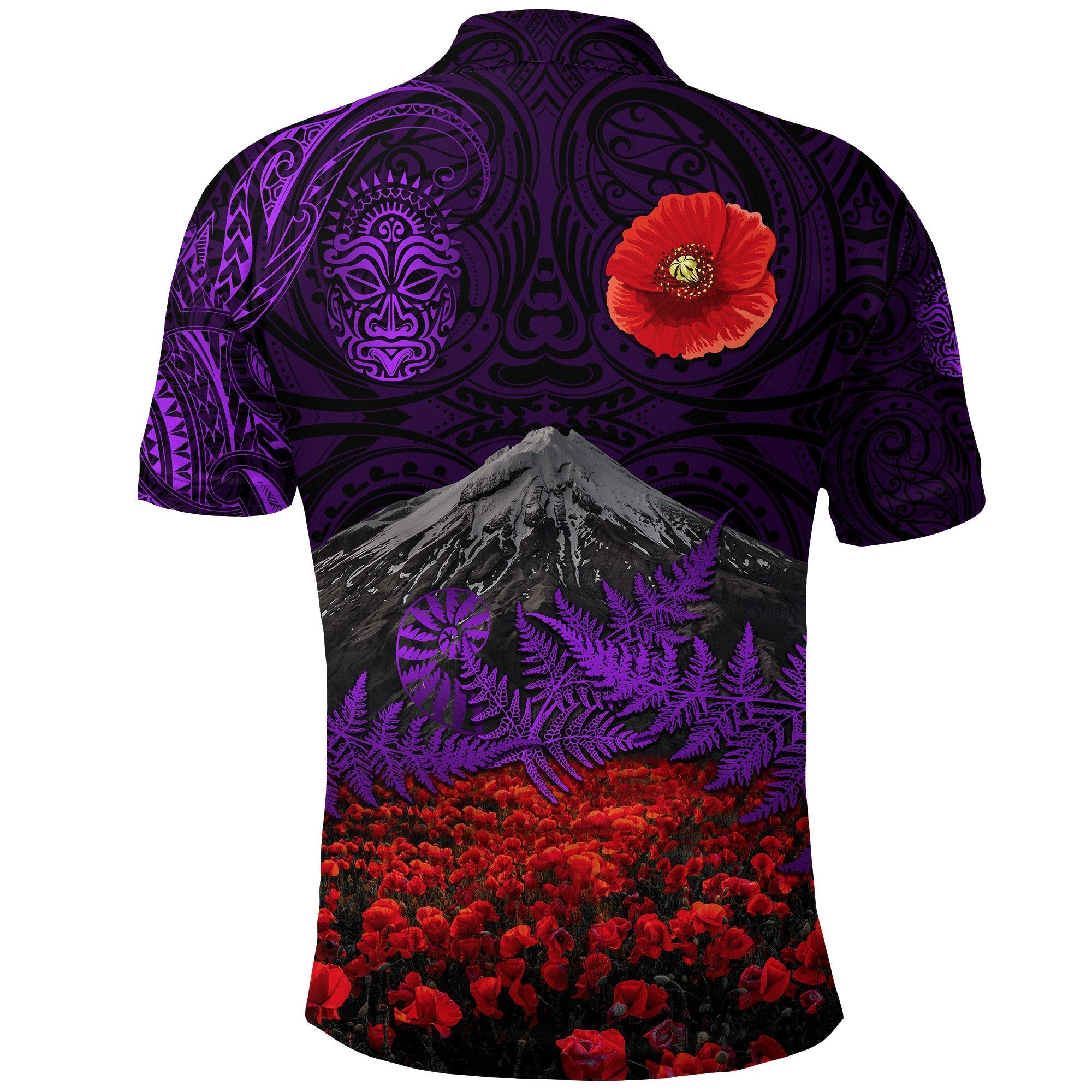 warriors-rugby-polo-shirt-new-zealand-mount-taranaki-with-poppy-flowers-anzac-vibes-purple