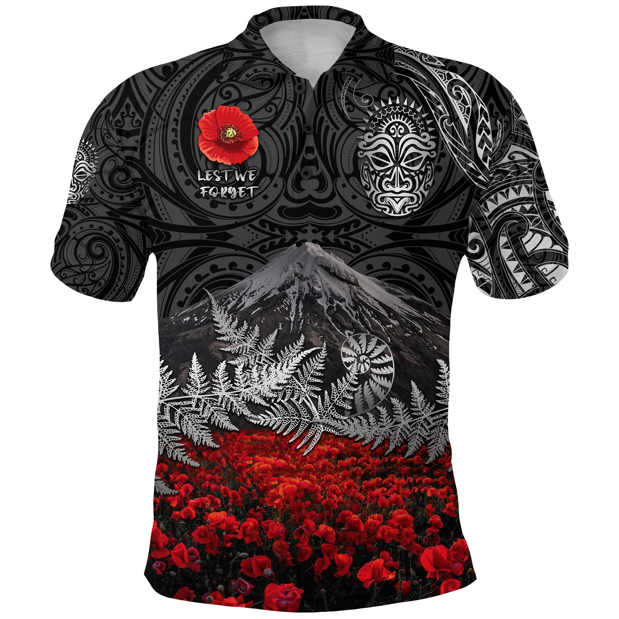 warriors-rugby-polo-shirt-new-zealand-mount-taranaki-with-poppy-flowers-anzac-vibes-black