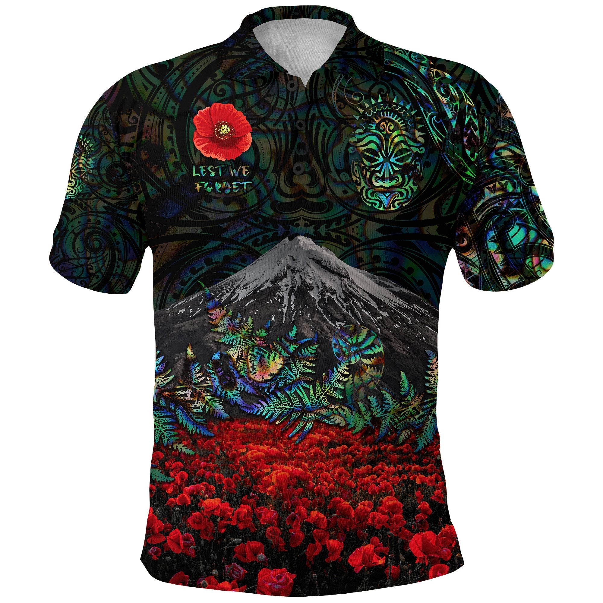 warriors-rugby-polo-shirt-new-zealand-mount-taranaki-with-poppy-flowers-anzac-vibes-paua-shell